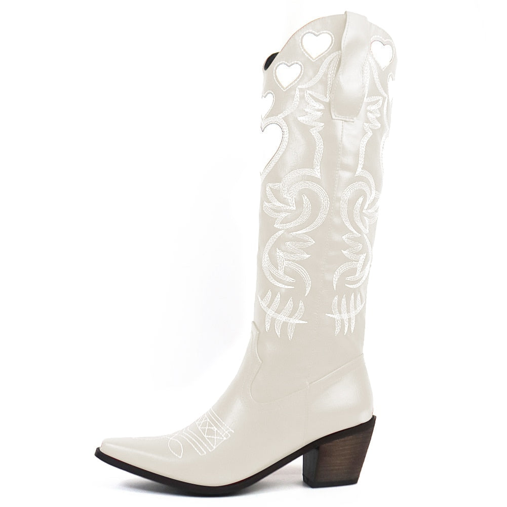 xakxx Halloween Cowboy Knee High Boots For Women Western Love Heart Slip On Stacked Heels Long Boots Pointed Toe Walking Casual Autumn Shoes