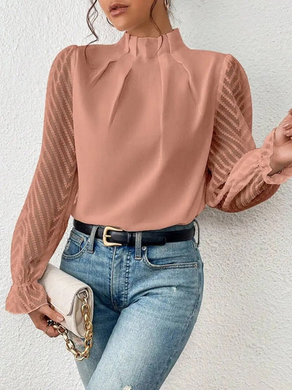 xakxx xakxx- Luxury Half High Collar Blouse Lady Panel Wave Pattern Ruffle Leaf Long Sleeved T-Shirt  Autumn Winter Clothes