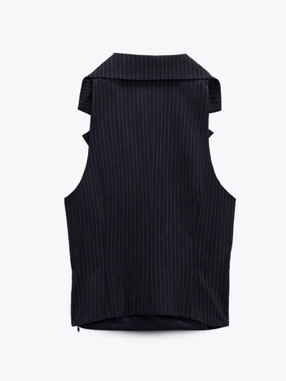 xakxx xakxx- Autumn New  Temperament Fashion Versatile Sexy Design Sense Small Polo Collar Sleeveless Pinstripe Suit Vest Vest