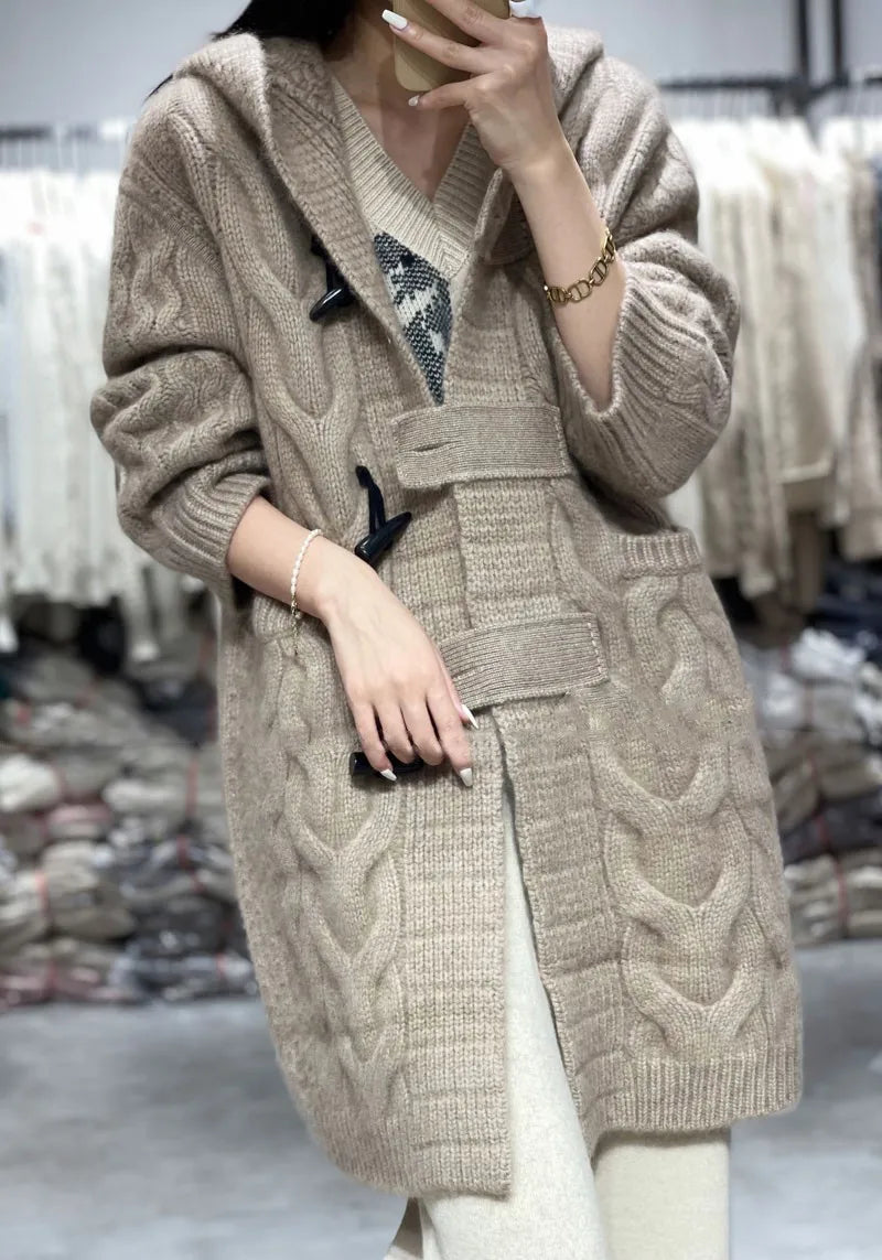 xakxx xakxx-Fall/winter cashmere hooded knit cardigan sweater coat women's long loose lazy wind thickened horn button coat