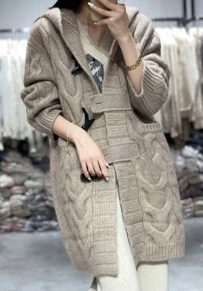 xakxx xakxx-Fall/winter cashmere hooded knit cardigan sweater coat women's long loose lazy wind thickened horn button coat
