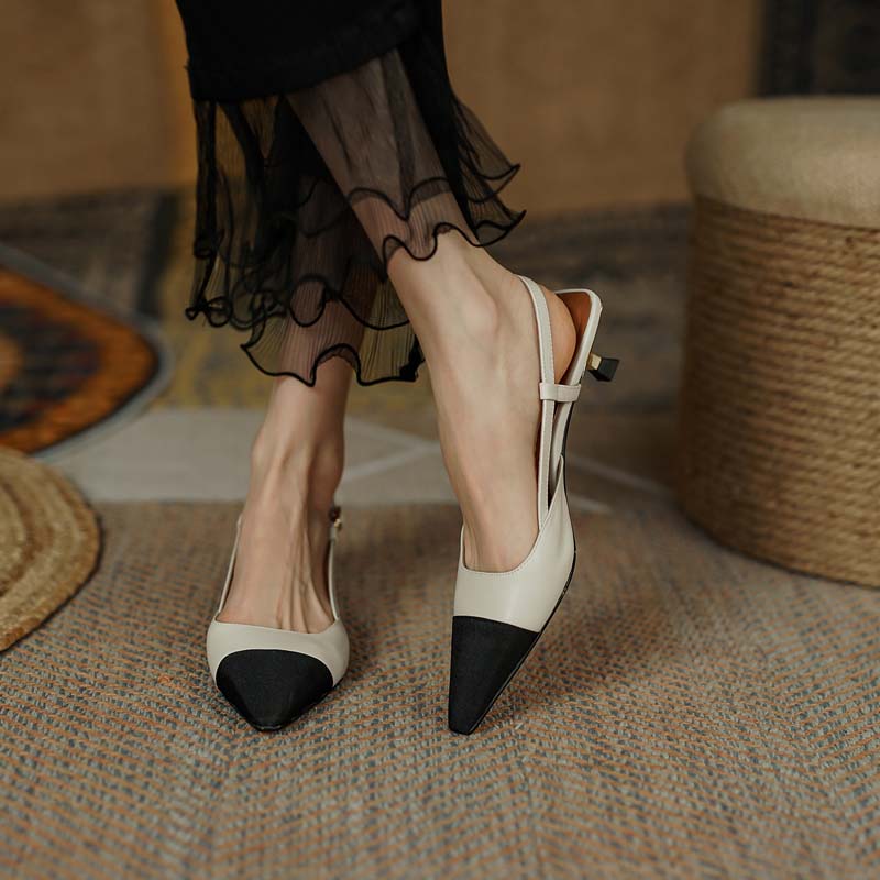 xakxx New Summer Women Slingback Sandals Pointed Toe Mid Heel Females Slippers Elegant Cozy Vintage Girl Office Banquet Footwear
