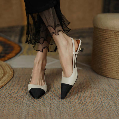 xakxx New Summer Women Slingback Sandals Pointed Toe Mid Heel Females Slippers Elegant Cozy Vintage Girl Office Banquet Footwear