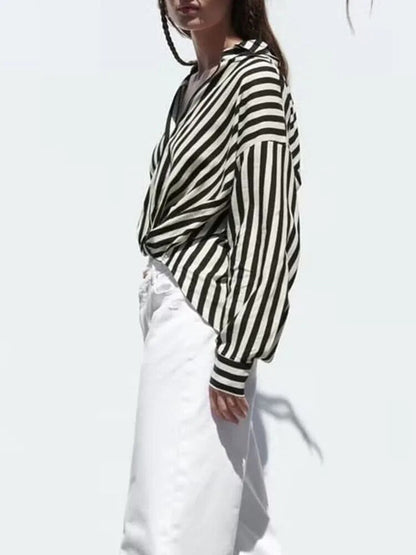 xakxx xakxx - New women's long-sleeved lapel V-neckline Front design with knot decoration Front breasted closure Linen blend stripe shirt