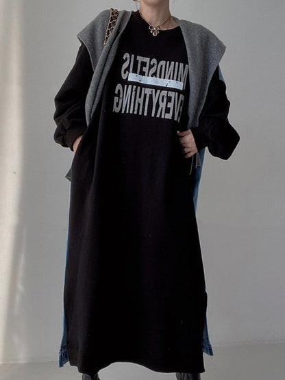 xakxx  New Design Letter Print Contrast Color Casual O-Neck Lantern Sleeve Splice Denim Sweater Dress Female  Autumn  16Y3673