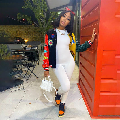 xakxx Autumn outfits Long Sleeve Tops Ladies Print Coat Varsity Jacket Women Yellow Streetwear Fall Winter Patchwork Jackets For Women