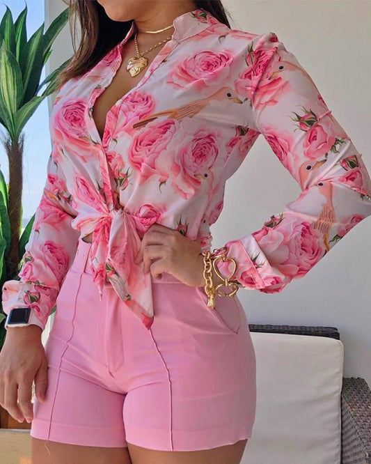 xakxx Women Long Sleeve Floral Printed Tie Knot Top Blouse And Shorts Sets Casual Spring Shirts Female