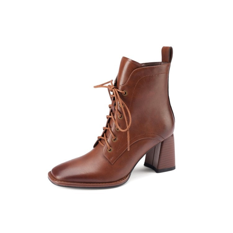 xakxx Black Friday  Fashion Women Shoes Square Toe High Heel Shoes For Women Black Leather Boots Women Lace Up Modern Boots Winter Women Boots