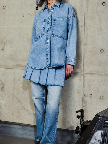 xakxx - New women's  long-sleeved lapel shirt jacket with patch pocket and patch pocket decorated with denim shirt jacket
