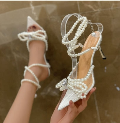 xakxx New Rhinestone Butterfly-Knot Sandals Woman Wedding Pumps High Heel Sandals Women Pearl Pearl Diamond High Heels Party Shoes