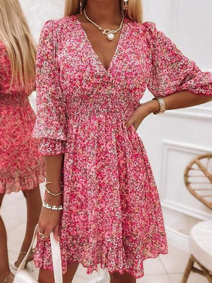 xakxx Sexy V Neck Beach Dresses Elegant  Floral Print Half Sleeve Mini Dresses Casual Summer A-Line Female Boho Party Dress Vestidos