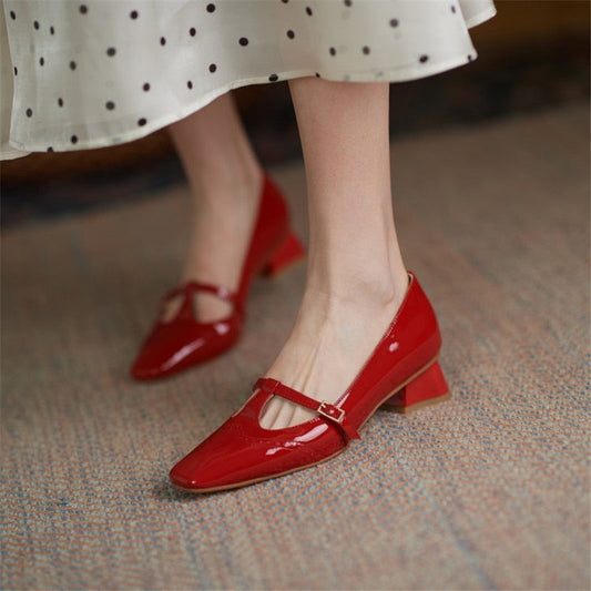 xakxx Black Friday Spring/Autumn Women Shoes Patent Leather Solid Color T-Shaped Buckle  Pumps Square Toe Chunky Heel Versatile Mary Jane For Women