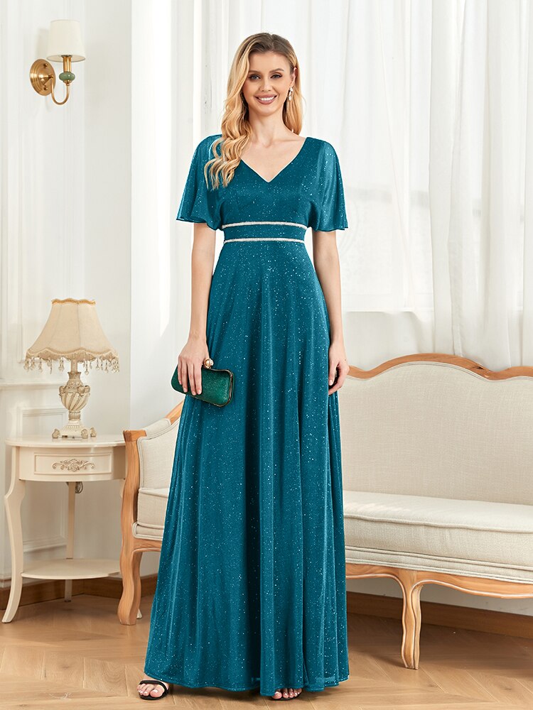 xakxx Elegant Evening Dresses Floor Lenght V-Neck Green Chiffon Split Short Sleeves Bridesmaid Party Long Wome Prom Dress