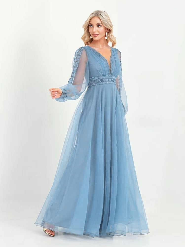 xakxx Elegant Evening Dresses V-Neck Long Sleeve Floor-Length Gown  Women Chiffon A-line Prom Formal  Dress