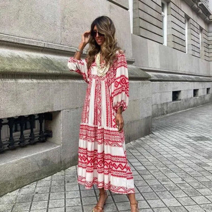 xakxx- Half Bubble Sleeves V-Neck Long Dress Women's Casual Loose Maxi Dress Green Geometric Printed Robe Bohemian Party Dresses