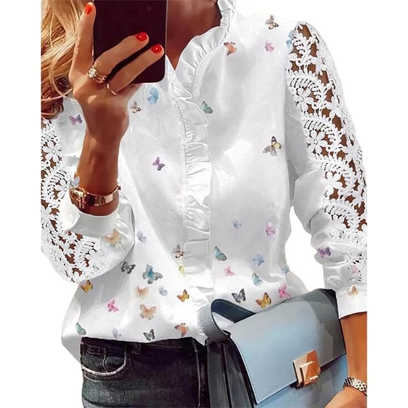 xakxx xakxx Autumn outfits Women Elegant Fashion Butterfly Print Blouses Top Ruffled Trim  Casual Long Lace Sleeve Blouse