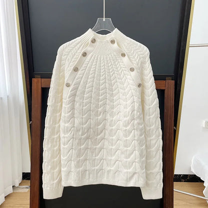 xakxx xakxx Women's Pullover Autumn Clothing Fashion Standing Collar White Threaded Knit Sweater Top