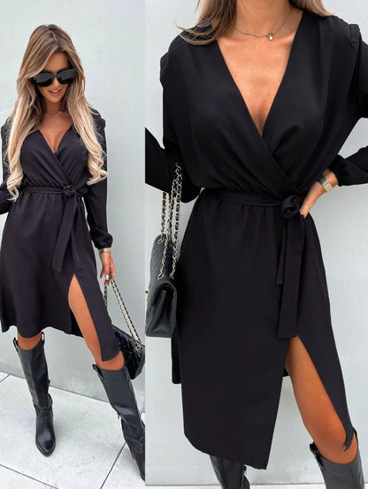 xakxx- Sexy Black Shirt Dress Women One Piece Deep V Neck Long Sleeve Mini Blouse Split Skirt Dresses Autumn