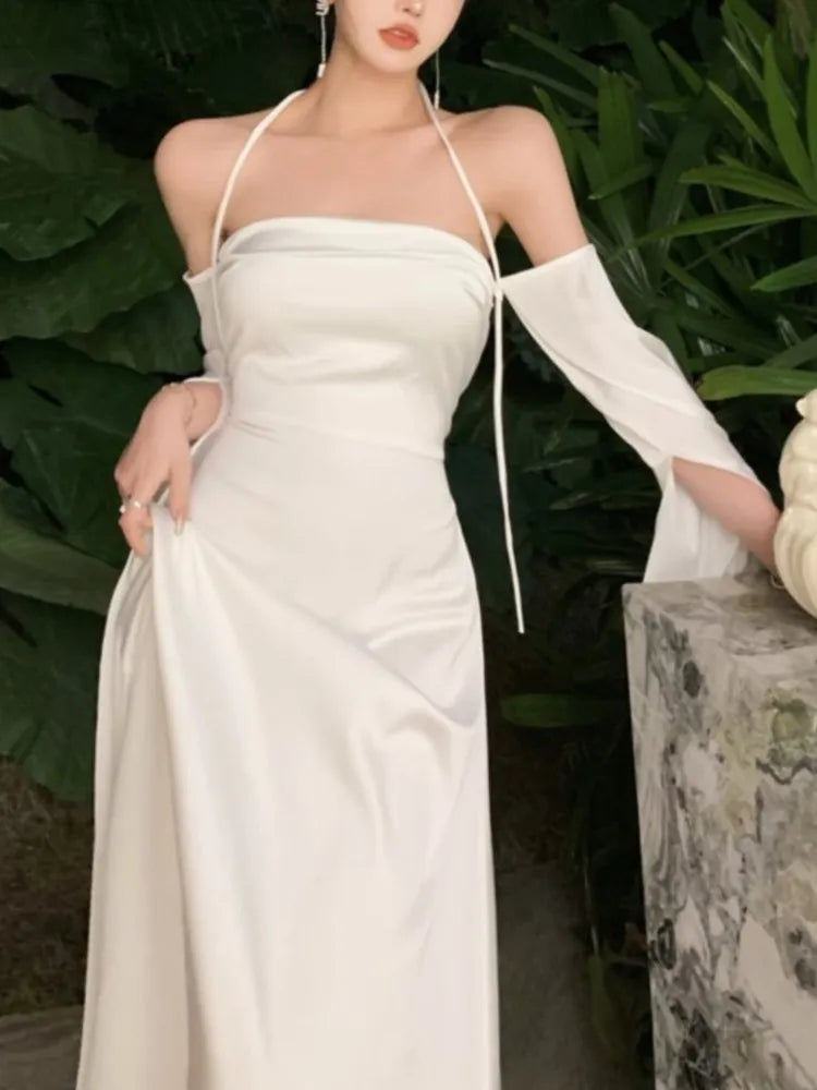 xakxx Fashion Women Casual Elegant Party White Dress Halter Vintage A-Line Prom Wedding Robe Female Outerwear Vestidos Clothes New