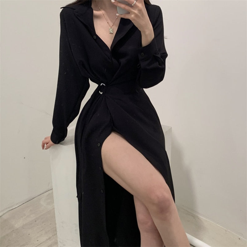 xakxx Women Single Breasted Midi Lace Up Slim Solid Shirt Dress Long Sleeve Elegant Vestidos Femme
