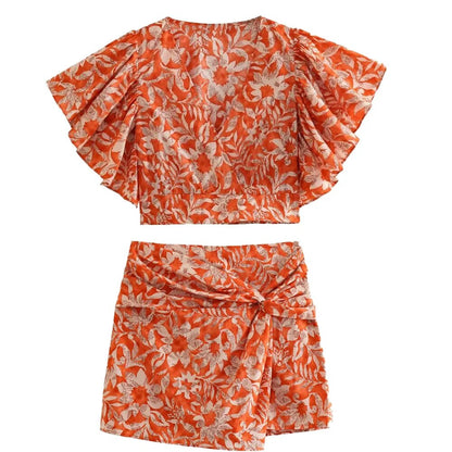 xakxx xakxx - New Women's Sexy Casual Floral Print Bolero Back Elastic Waist Knotted Front Side Zipper Closure Knotted Culottes
