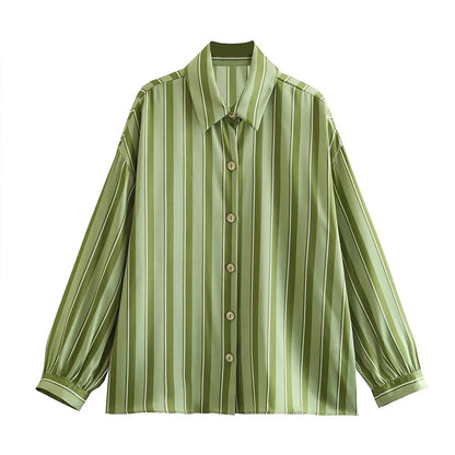 xakxx- New Women's  Temperament Fashion Versatile Casual Long Sleeve Polo Shirt Front Button Closed Stripe Loose Fit Shirt