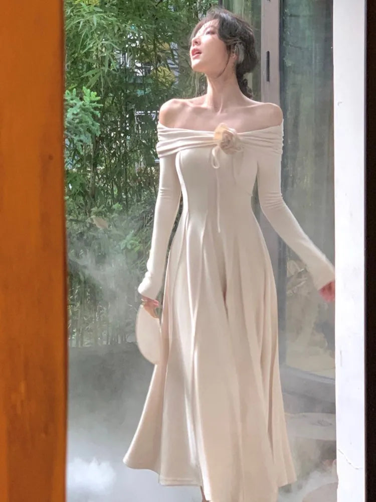 xakxx Fashion Women Elegant Off Shoulder Party Dress French Solid Lady Vintage Long Sleeve Maxi Dresses Sexy New Flora Vestidos Robe
