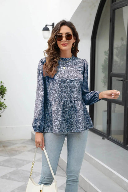 xakxx- vintage Floral Printed A-Line Blouse Women Round Neck Long Sleeve T Shirt OL Spring Autumn Fashion Tops