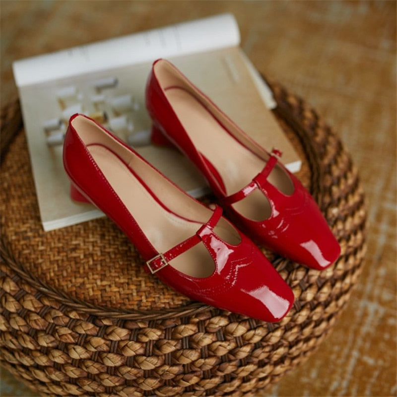 xakxx Black Friday Spring/Autumn Women Shoes Patent Leather Solid Color T-Shaped Buckle  Pumps Square Toe Chunky Heel Versatile Mary Jane For Women