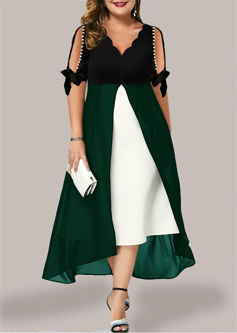 xakxx Women's Summer V-Neck Stitching Fake Two Pieces Of Rrregular Middle Sleeve Wavy Neck Sexy Hot Girl Dress