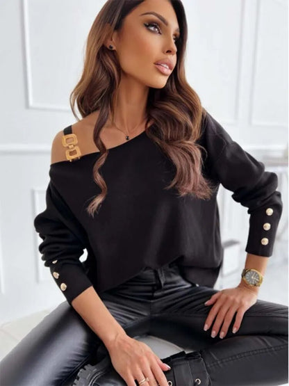 xakxx- Asymmetric Off Shoulder Tops Women Long Sleeve Chain Shirts Autumn Tunic Elegant High Street OL Blouse