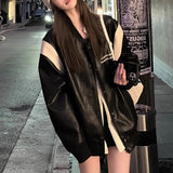 xakxx-Leather Coat Women  Autumn Vintage PU Loose Coffee Baseball Jacket Fashion Black Coat For Women