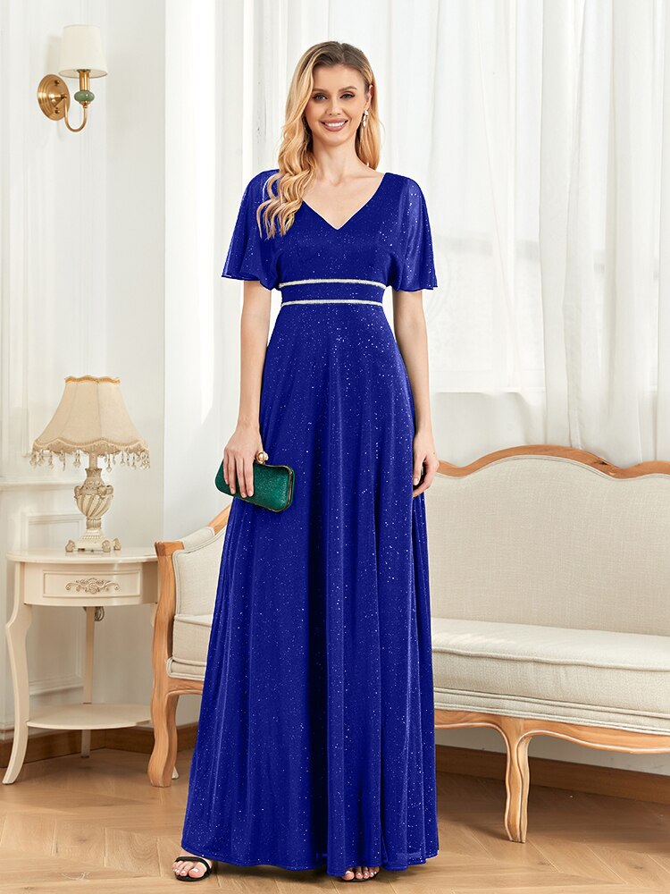 xakxx Elegant Evening Dresses Floor Lenght V-Neck Green Chiffon Split Short Sleeves Bridesmaid Party Long Wome Prom Dress
