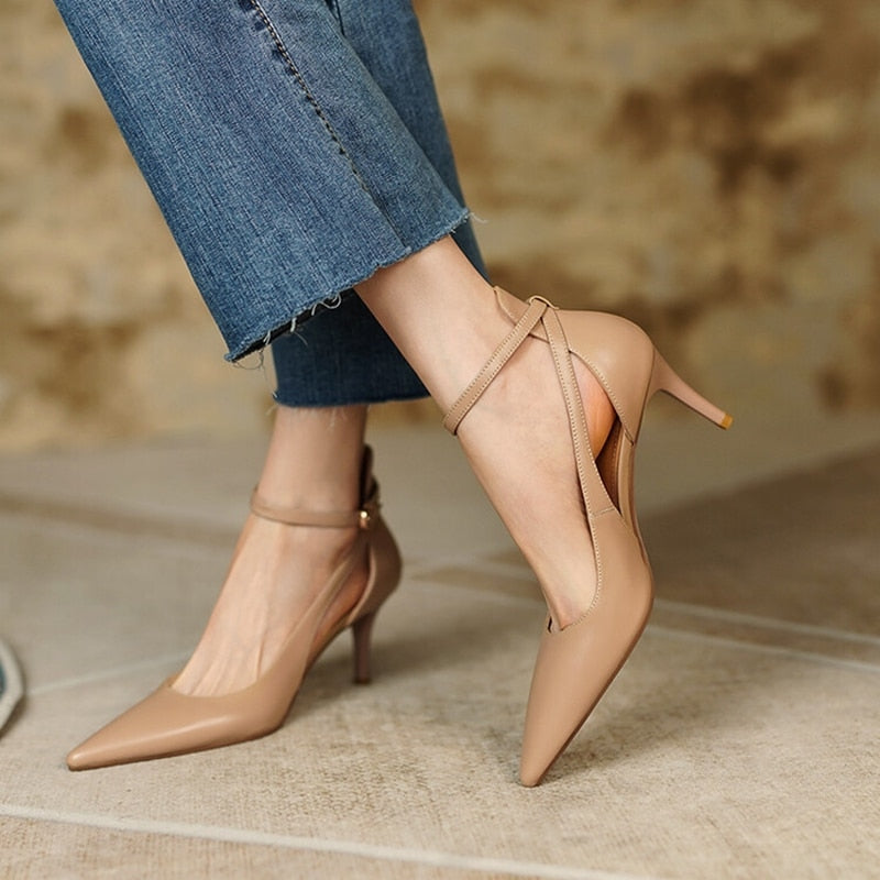 xakxx  Summer/Spring Women Shoes Pointed Toe Thin Heel Sandals Solid High Heels Elegant Cow Leather Shoes For Women Party Shoes