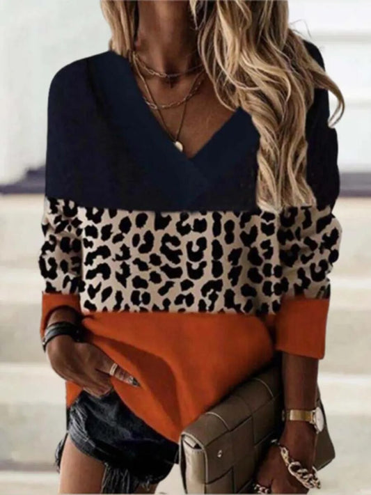 xakxx- 4 Color Patchwork Leopard Print T Shirt Women's V Neck Long Sleeved Lady Autumn Casual Pullover Leopard Tops  Oversized 5XL