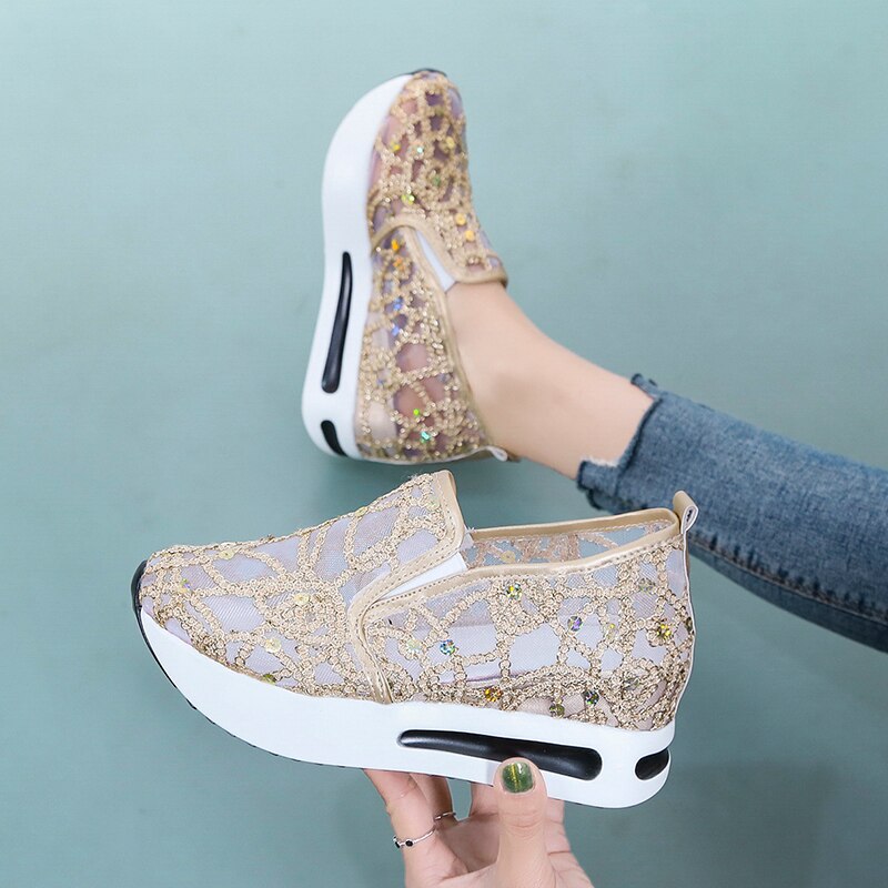 xakxx Female Wedge Shoes Sequin Mesh Breathable Shoes Women Gold Silver Platform Sneakers Women Height Increasing Wedges Casual Shoes