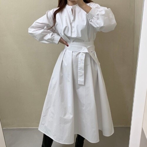 xakxx Elegant Women Stand Bandage Shirt Dress Lantern Sleeve Slim Waist Fashion White Dresses  Autumn New Tide Vestido U1452