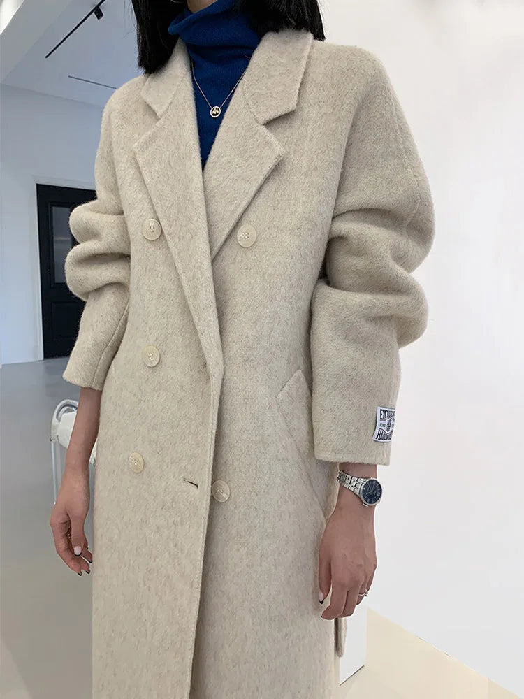 xakxx-New High-end Women Wool Herringbone Loose Double-sided Wool Coat Temperament Handmade Natural Wool Fashion Jacket Autumn Winter