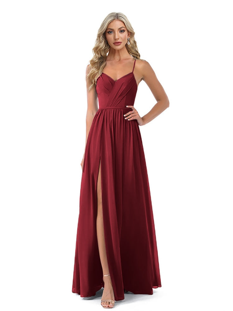 xakxx Long Evening Dress Chiffon Bridesmaid Dresses Women A-line V-Neck Dress Spaghetti Strap Formal Wedding Prom Party