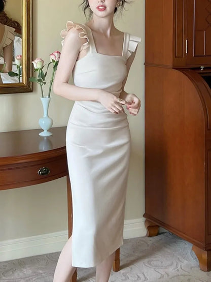 xakxx Elegant Spaghetti Strap Midi Dress For Women Fashion Summer One Piece Bodycon Party Robe Vestidos