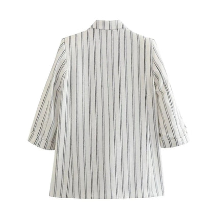 xakxx - New Women's Clothes  Casual Elegant Sexy Temperament Fashion Stripe Rollable Sleeve Casual Suit Jacket