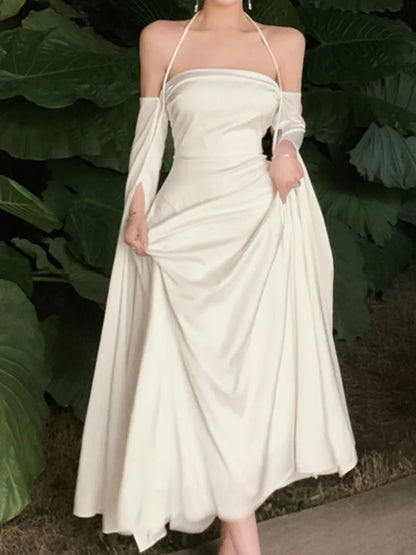 xakxx Fashion Women Casual Elegant Party White Dress Halter Vintage A-Line Prom Wedding Robe Female Outerwear Vestidos Clothes New