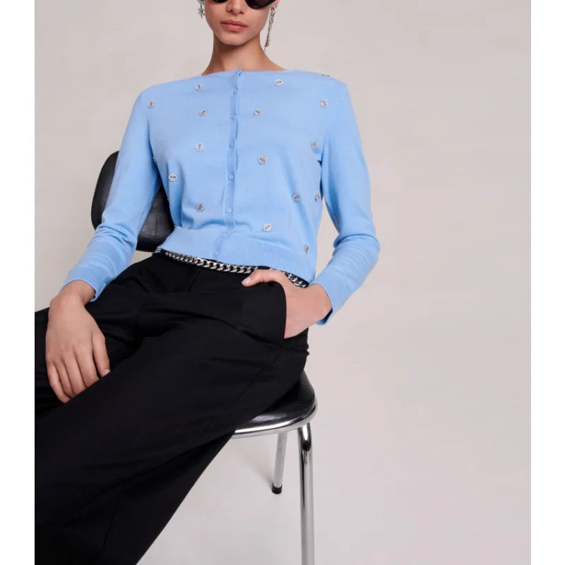 xakxx xakxx Long Sleeve Diamond Embellished Knit Cardigan Blouse Women���s Korean Fashion Vintage