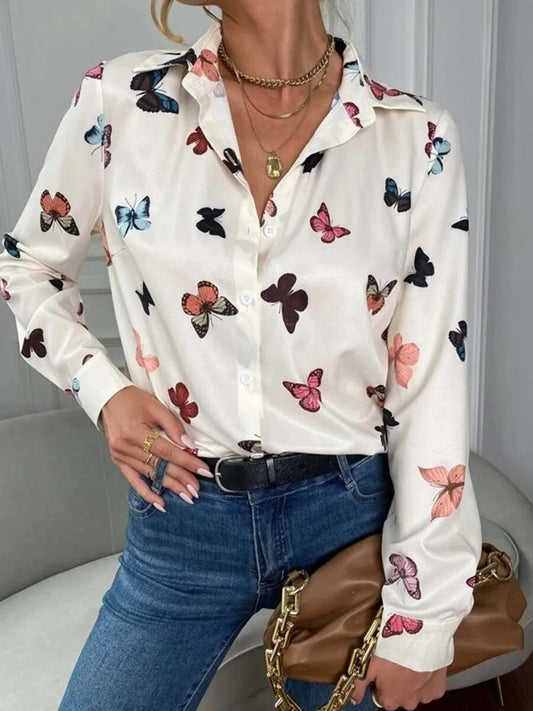 xakxx xakxx- Autumn Butterfly Shirt Women Button V-Neck Long Sleeves Female Stylish Lapel Blouses OL Slim Fit Tops