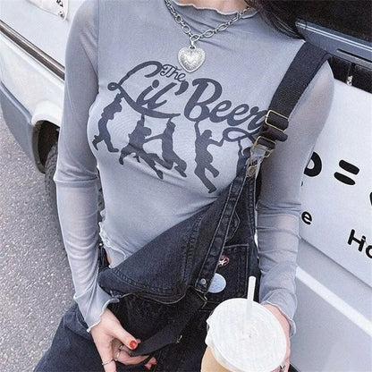 xakxx See Through Crop Top Vintage Graphic Letter Print Mesh Sheer T-shirt Harajuku Slim Tee Y2K Long Sleeve Tops Women Clothes
