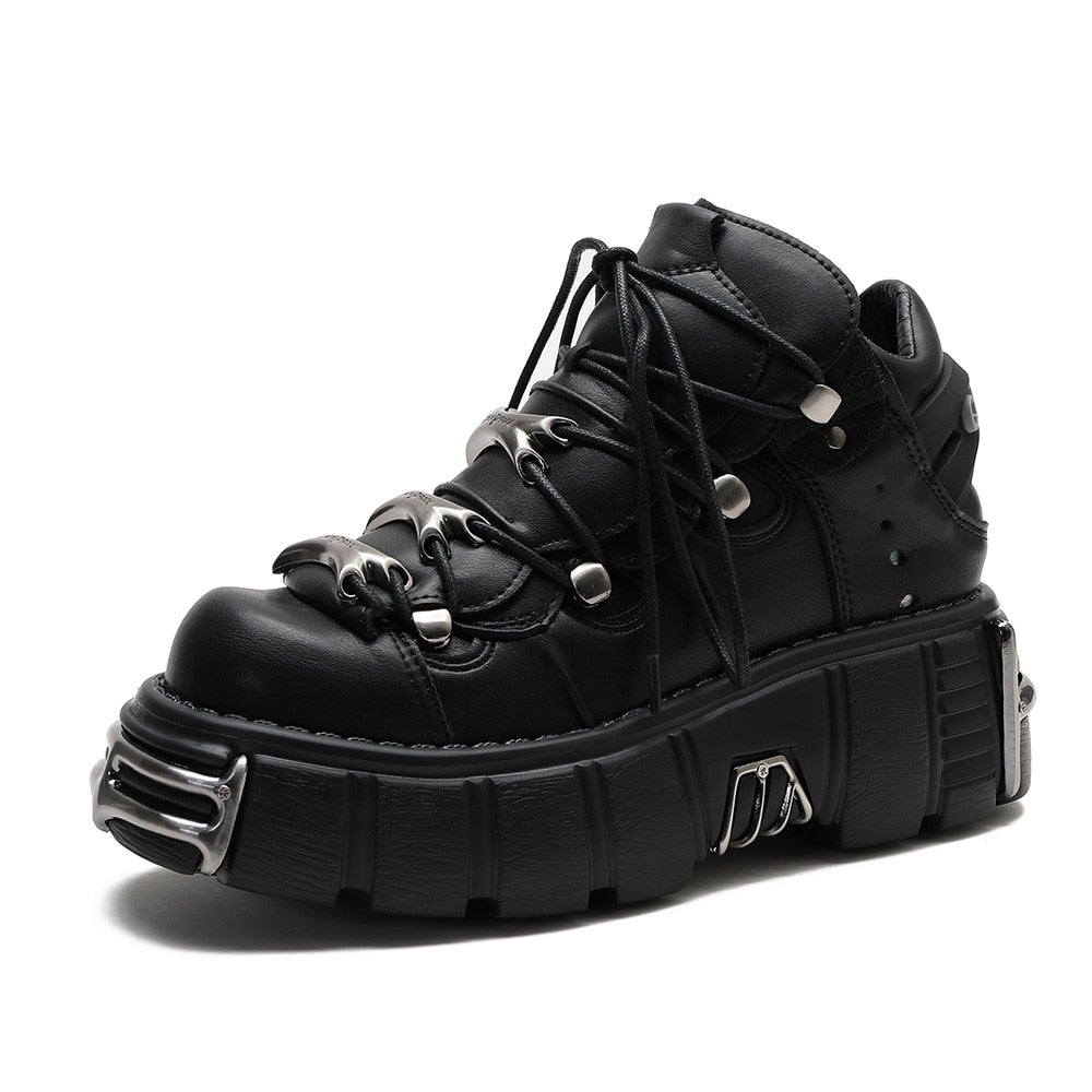 xakxx Halloween Women's Punk Style Leather Shoes Lace-Up Heel Height 6CM Platform Female Gothic Ankle Boots PU Metal Decor Thick Bottom Sneakers