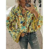 xakxx- Vintage Bird Flower Printed Blouse Women V Neck Button Long Sleeve Tops Autumn Chic Shirts Oversize 5Xl