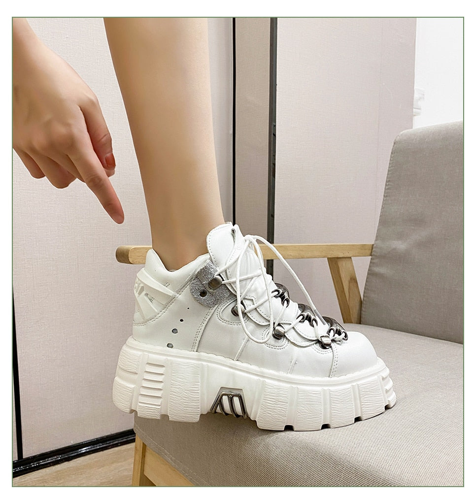 xakxx Halloween Women's Punk Style Leather Shoes Lace-Up Heel Height 6CM Platform Female Gothic Ankle Boots PU Metal Decor Thick Bottom Sneakers