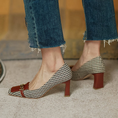 xakxx Retro Fashion Women's Shoes Thousand Bird Lattice Soft Leather Ladies Pumps Spring Square Toes Chunky Heels Female Shoes