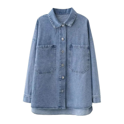 xakxx - New women's  long-sleeved lapel shirt jacket with patch pocket and patch pocket decorated with denim shirt jacket
